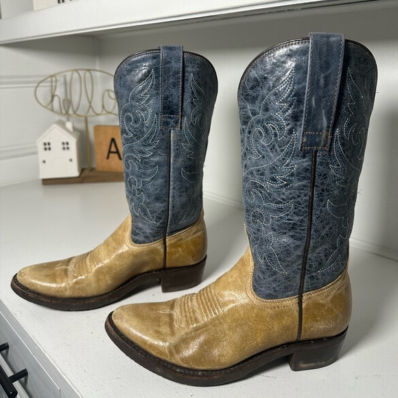 Masterson Shoes - Masterson Boots Women’s 7.5M Two Tone Western Cowboy Boots Tan & Blue Leather